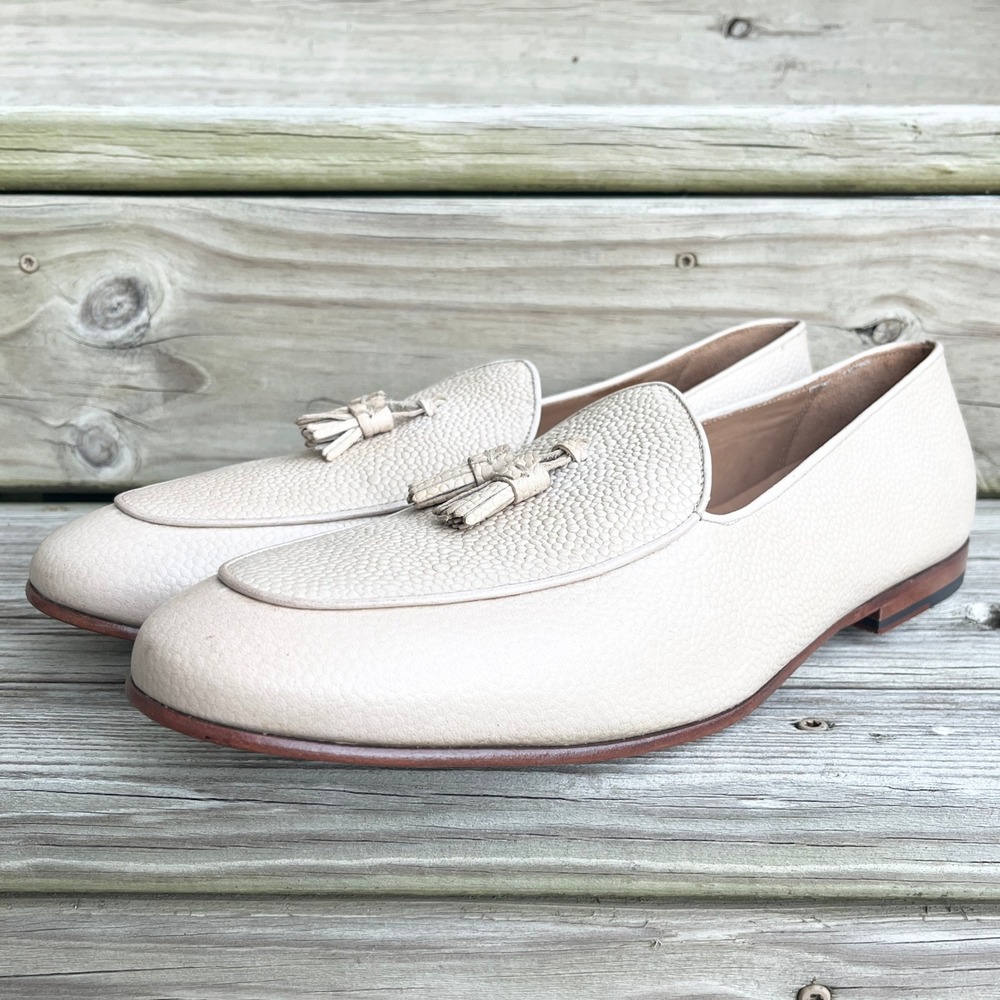 3DM Lifestyle Mens Tassel Loafers Cream Beige Pebbled Leather Shoes US 14-14.5